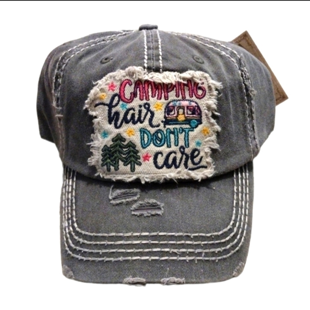 Camping Hair Don't Care Distressed Cap NWT